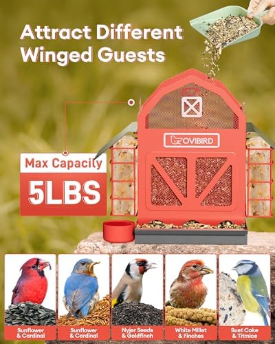 Bird Feeders for Outdoors Hanging, 5LBS Large Bird Feeder with 2 Suet Cage, Red Barn Metal Birds Feeder for Outside, Weather Resistant Cardinal Feeders, ldeal Birds Watching Gifts (Red)