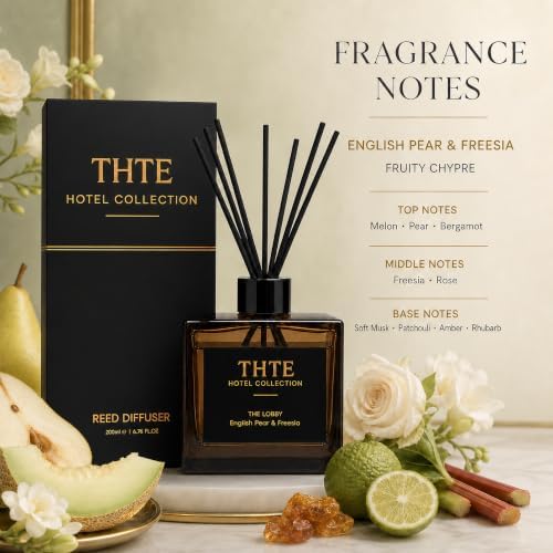 Hotel Reed Diffuser Set, 6.7 fl oz, English Pear and Freesia with Melon, Bergamot, Rose, Amber and Musk, Long-Lasting Home Fragrance for Bedroom, Living Room and Office