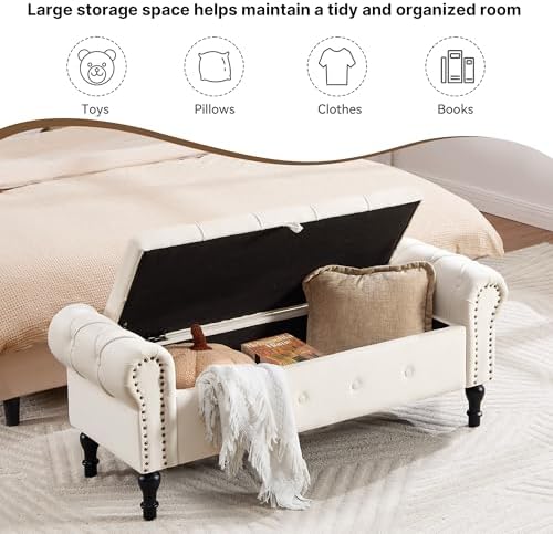Storage Bench 51" Velvet End of Bed Benches Beige