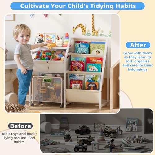 LATIBELL Kids Bookshelf Toy Storage Organizer & 2 Bins，3 Tier White