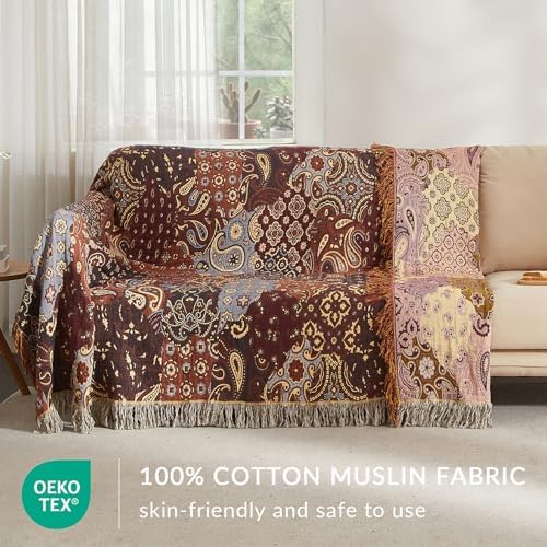 Bailix Boho Throw Blanket, 100% Cotton, Woven Paisley Pattern, 50"x60"
