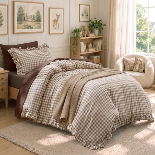 Bedsure Brown Gingham Ruffle Duvet Cover Set, Cotton-Like Quilt Cover, Twin