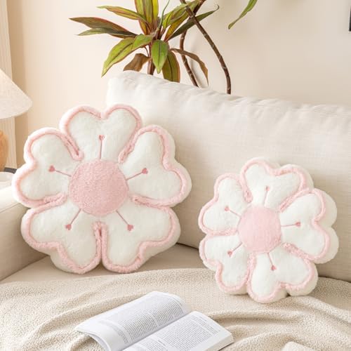 Flower Shaped Decorative Throw Pillow Cushion for Bed Couch, Cute Flower Plush Throw Pillows Home Decor Floor Pillow Seating Cushions (Ivory White, 17.7 Inches)