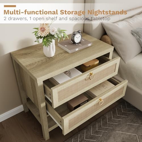Eclatara Large Rattan Night Stand with 2 Drawers and Storage Shelf