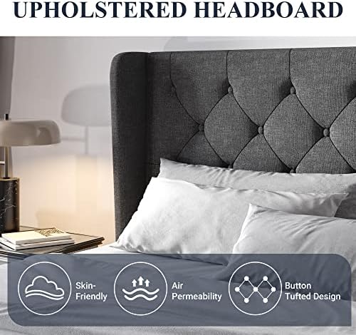 Allewie Full Bed Frame with Button Tufted Wingback Headboard, Dark Grey