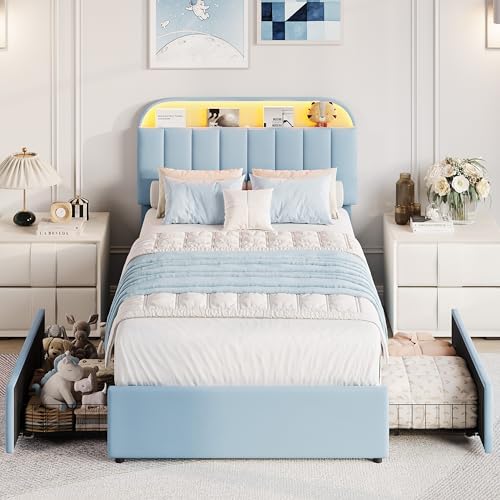 GarveeHome Twin Bed Frame, Platform Bed with Storage Headboard & Drawers