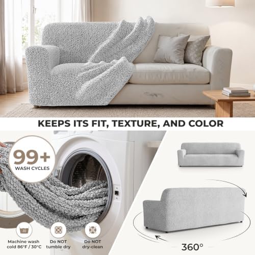 PAULATO Premium Stretch Couch Covers for Sofa - Sofa Chair Cover Washable, Dogs & Pets Friendly - Elastic Polyester Loveseat Slipcovers - Non-Slip Love Seat Couch Covers - Light Grey (86"-120" Wide)