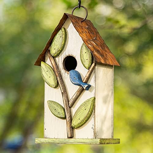 Glitzhome 9.7" H Hanging Birdhouse for Outdoor Patio Garden Decorative Pet Cottage Distressed Wooden Bird House for Finch Swallow Wren Chickadee, Leaves Rustic White