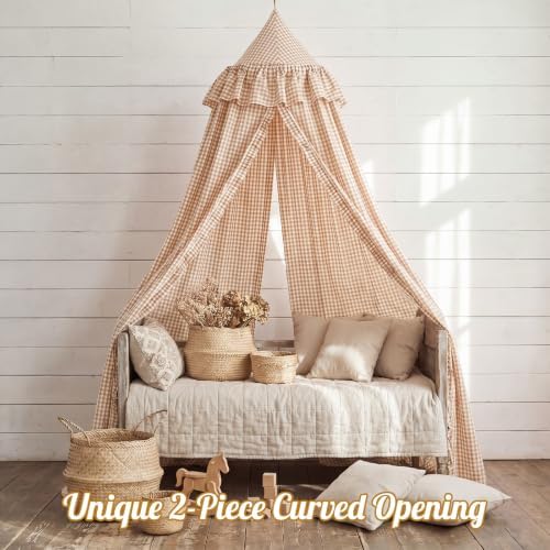 SmoothNovelty Gingham Plaid Bed Canopy, Beige White, Round