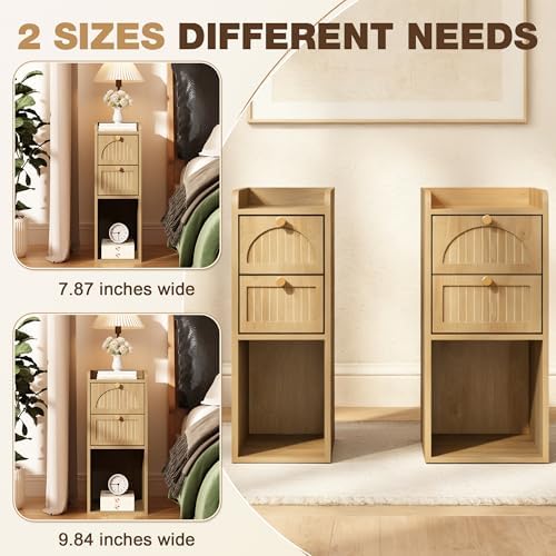 7.87" Narrow Nightstand Set of 2, Fluted Slim Bedside Table with 2 Drawers, Mid Century Modern Small End Table with Gold Metal Handles, for Bedroom, Living Room & Small Spaces - Natural