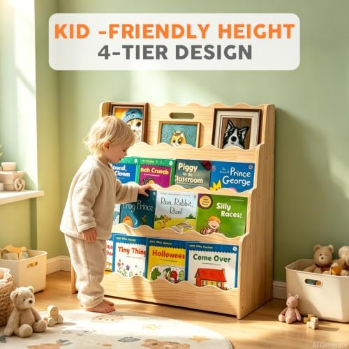 LINMAGCO Scalloped Kids Bookshelf, 4-Tier Montessori Toddler Bookcase, Front-Facing Book Organizer with Handle, Solid Pine Wood, Nursery Book Shelves for Bedroom Playroom Classroom & Reading Corner
