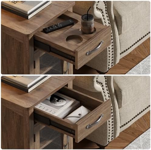 ONBRILL Rustic End Table with Charging Station, Narrow Side Table, Brown