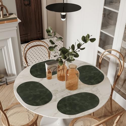 ADRIMER Oval Placemats Set of 6, Wipeable Faux Leather, Olive Green