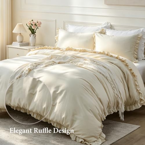 Simple&Opulence Kids 100% Organic Cotton Duvet Cover with Ruffle 68 x 86-2 PCS High End Floral Frill Lace Bedding, Romantic Cottagecore Style Comforter Cover with 1 Pillowcase, Beige Twin
