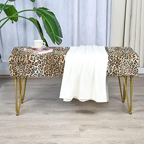 Leopard Print Rectangle Ottoman 46"x16"x22" Faux Fur Entryway Bench Footrest Stool Accent Seating Cheetah Furry Ottoman Bedroom Vanity End of Bed for Bathroom Living Room Decor