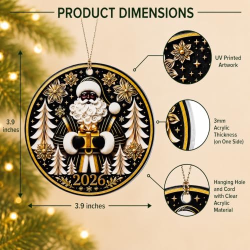 Black Santa Christmas Ornament for Christmas Tree Decorations 2026, Elegant Black Santa Holding a Golden Gift with Winter Forest Design, Heartwarming Holiday Keepsake Gift for Family and Friends
