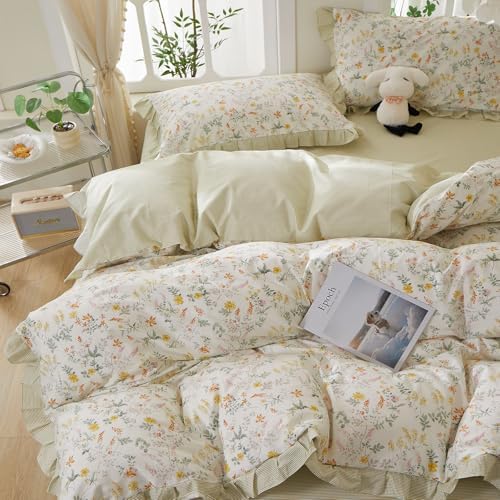 HighBuy Garden Floral Ruffled Duvet Cover Queen for Women Girls,Coquette Bedding Green Striped Duvet Cover Set Shabby Chic 100% Cotton Bedding Set Breathable Durable Luxury with Zipper