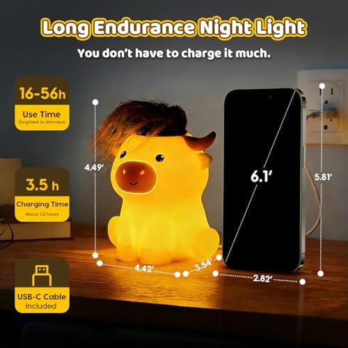 Amaredom Highland Cow Night Light, Silicone, Dimmable, Rechargeable