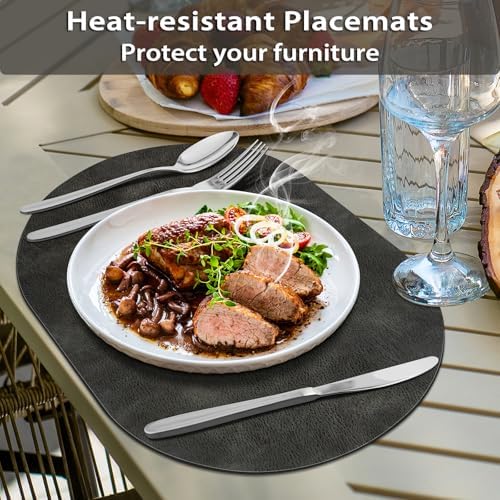 ADRIMER Oval Placemats Set of 12, Wipeable Faux Leather, Dark Grey