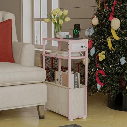 Leomonio Narrow Side Table, Slim Night Stand with Magazine Rack