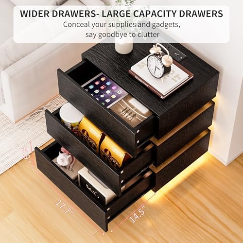 COWMOU LED Night Stand with Charging Station, 3 LED Strip Lights, 2 Outlets and USB-A/C Ports Bed Side Tables Bedroom Set Black End Table for Living Room