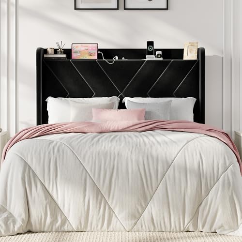 SHA CERLIN Queen Bed Frame, Velvet Upholstered Platform Bed Frame with Wingback Storage Headboard & Charging Station, Geometric Tufted Design, No Box Spring Needed, Easy Assembly, Black