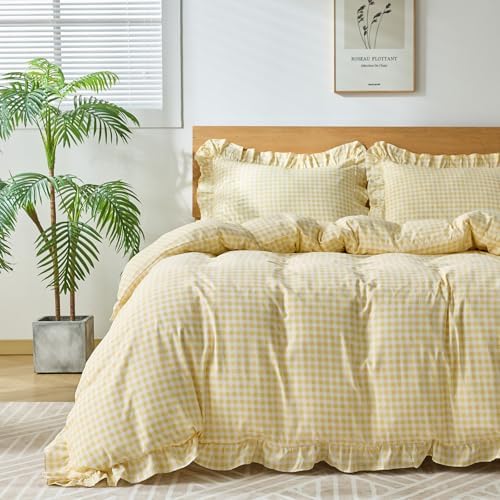 Gingham Duvet Cover King Size, 3 Pieces Soft Breathable Microfiber Plaid Duvet Cover with Zipper Closure & 2 Pillow Shams, Ruffle Farmhouse Vintage Decor, Yellow