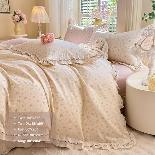 Pink Floral Duvet Cover Set 3 Pcs,100% Cotton Twin Size Duvet Cover with 2 Pillowcases,Aesthetic Rustic Cute Bedding Set with Ruffles for Teen Girls,Comforter Cover with Ties 68"×86"