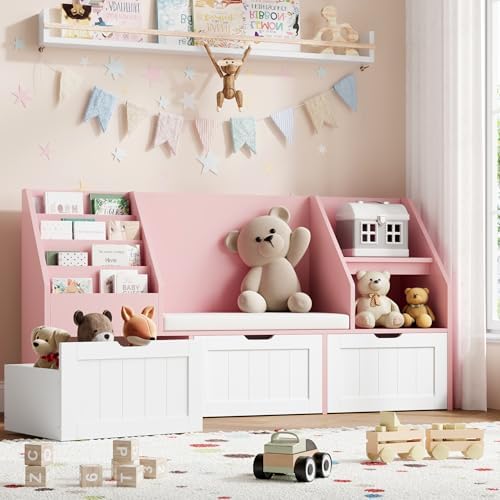FOTOSOK Kids Bookshelf with Reading Nook, Toy Storage with Seat Cushion