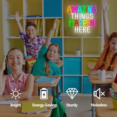 Amazing Things Happen Here Neon Signs for Wall Decor Dimmable Inspirational Classroom Neon Sign School Motivational Neon Lights Classroom Led Sign