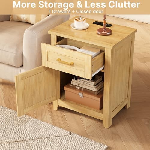 Decofy Rattan Nightstand Set of 2 with Charging Station, Drawer and Cabinet