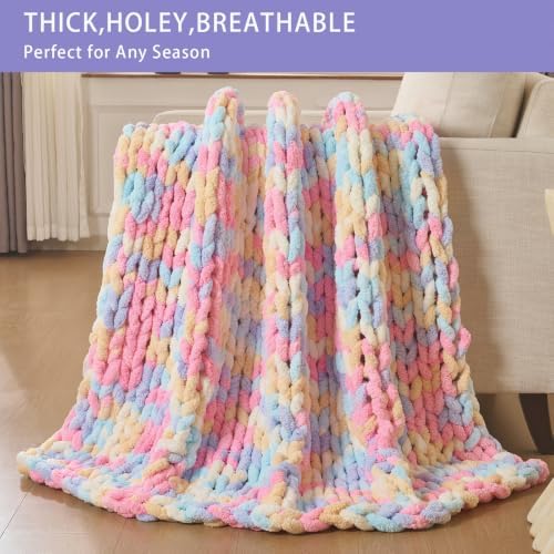 Bigacogo Chunky Knit Throw Blanket for Couch, 51x63 inches, Pink Blue Mix