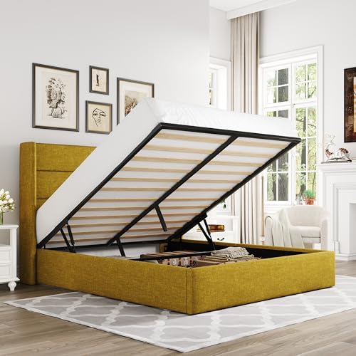 Allewie Full Size Lift Up Hydraulic Storage Bed Frame Olive Yellow