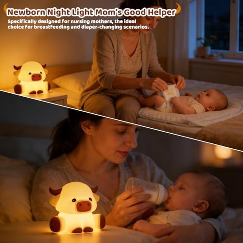 Cute Highland Cow Rechargeable Night Light, LED Touch Silicone Lamp for Bedroom with 7 Colors Timer and Dimmable Squishy Warm Night Lights, Novelty Animal Lamp for Nursery Birthday Gift