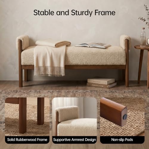 VKNOW 51.8”End of Bed Bench Upholstered Bedroom Bench with Arms, Brown
