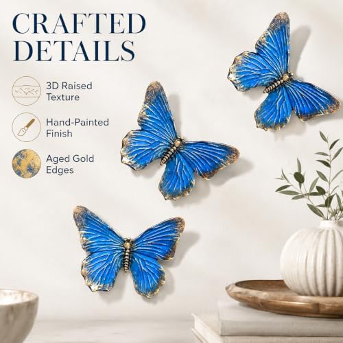 GUSFREUD 3D Butterfly Wall Decor Set – Resin Wall Decor for Living Room, Bedroom, Bathroom, Dining Room, Outdoor and Gallery Walls - Antique Blue - Set of 3
