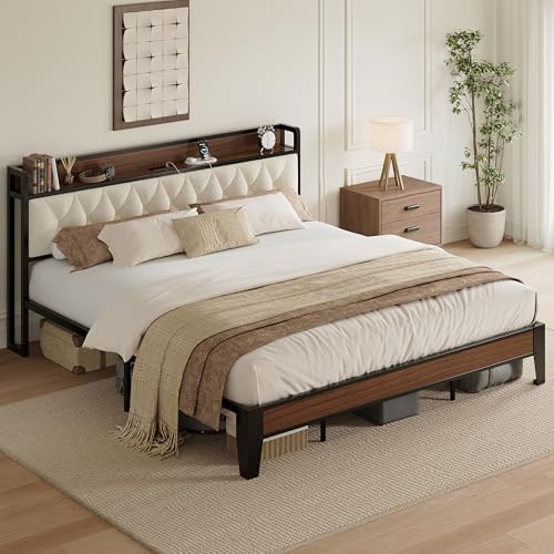 ANCTOR King Size Bed Frame with Headboard and Charging Station, Walnut