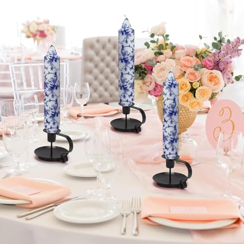 NJAO HOO Floral Taper Candles 7 Inch Short Candlesticks Hand Printed Blue and White Candlesticks Unscented Tapered Candle Set for Spring Home Garden Decor, 4Pcs