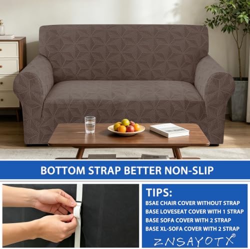 ZNSAYOTX Stretch Couch Cover, 1 Piece Sofa Covers for 2 Cushion Couch, Jacquard Loveseat Slipcovers with Elastic Bottom Thickened Furniture Protector for Dog Cat Pet (Medium, Brown)