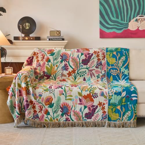 Boho Throw Blanket, 100% Soft Cotton Floral Quilt, Twin 60"x 80"