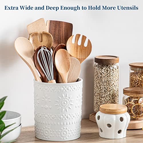 LOVECASA 7.2" Ceramic Utensil Holder, Farmhouse Countertop Crock, White