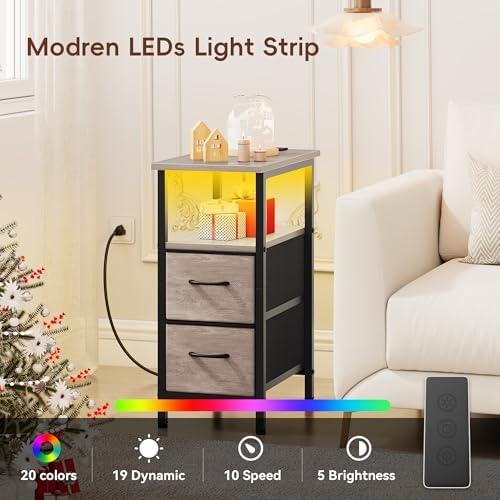 Vagusicc Set of 2 Nightstand with Charging Station and LED Lights, Narrow Side Table, LED Night Stand with 2 Fabric Drawers, Bedside Table Small End Table, Tall Nightstand for Bedroom, Rustic Grey