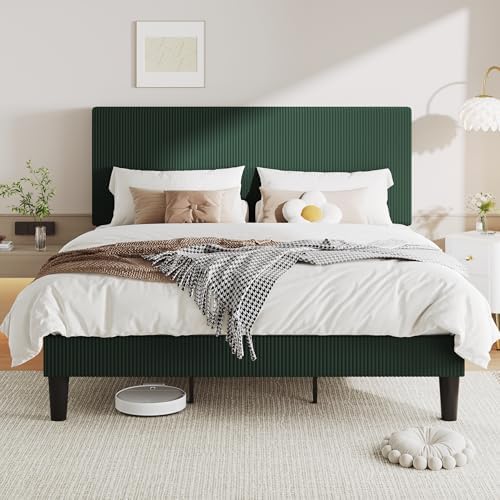 Allewie King Bed Frame, Corduroy Tufted Headboard, Dark Green
