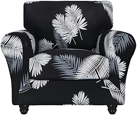 SearchI Stretch Sofa Cover Printed Couch Covers, Floral Pattern 2 Piece Armchair Slipcover with Separate Chair Cushion Cover, Washable Furniture Protector for Living Room(Armchair, Black+Palm Leaves)