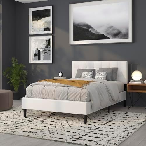 BizChair Quilted Tufted Upholstered Full Size Headboard in White Fabric