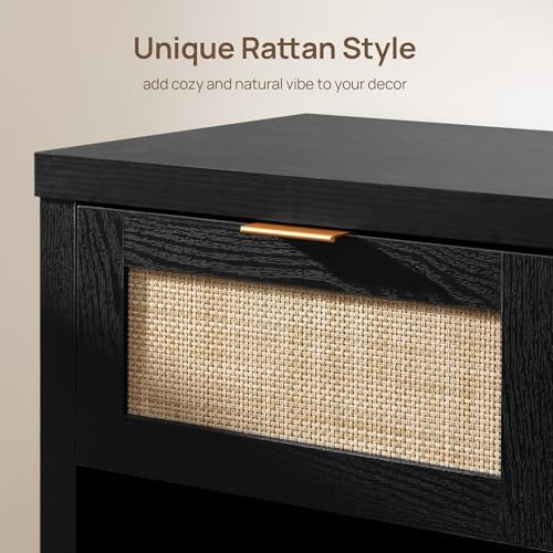SICOTAS Black Rattan Nightstand Farmhouse Night Stands with Drawer
