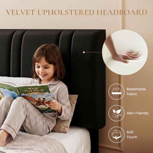 SHA CERLIN Twin Size Velvet Bed Frame with Adjustable Headboard, Black