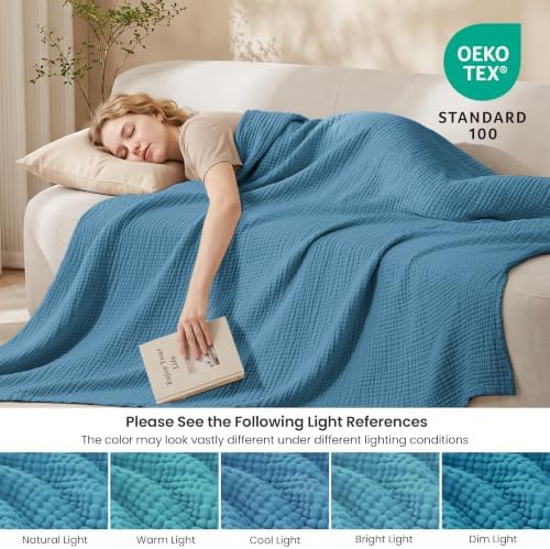 Love's cabin 100% Cotton Muslin Blanket Throw for Couch, Misty Blue