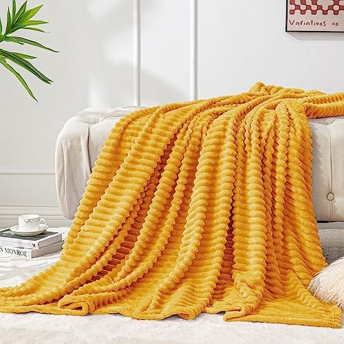 BEDELITE Ribbed Mustard Yellow Fleece Throw Blanket for Couch, 50x60 Inch