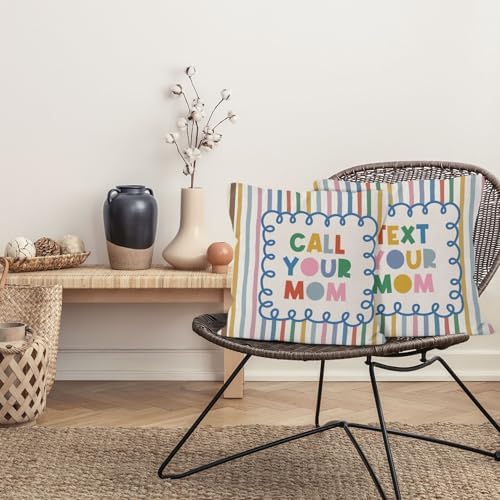 Funny Call Your Mom Throw Pillow Cover 18x18 Set of 2, College Student Gifts Decorative Pillow Covers for College Dorm Room Bedroom Couch Sofa, Colorful Striped Accent Pillows Cover Pillowcases